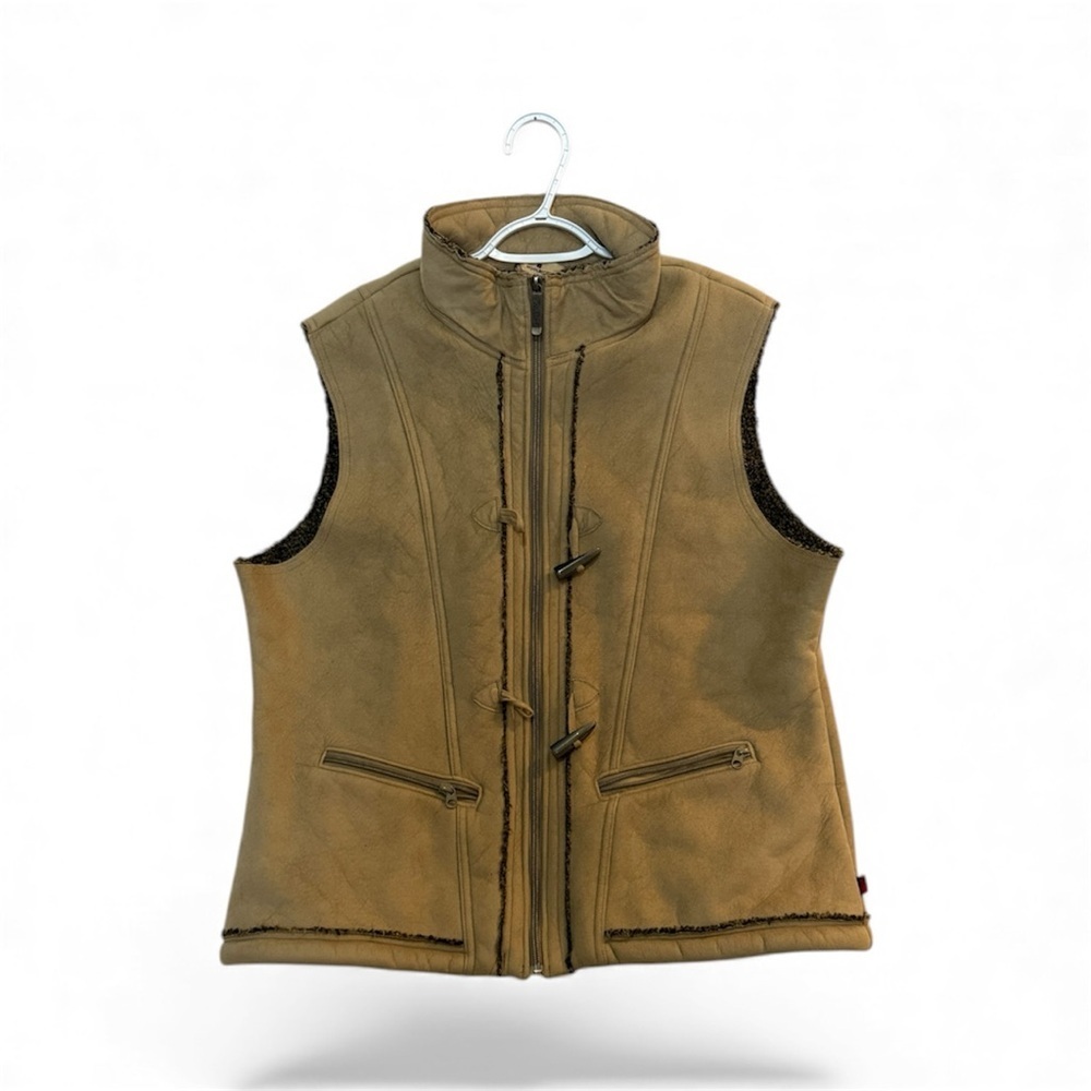 WOOLRICH Women's Faux Suede Vest KHAKI Lined Full Zip Up